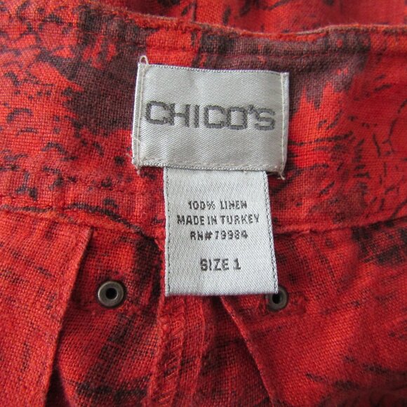 Chico's Vintage Linen Pants 1 Red Printed Coastal Artsy Cargo Boho Lagenlook - Picture 12 of 12